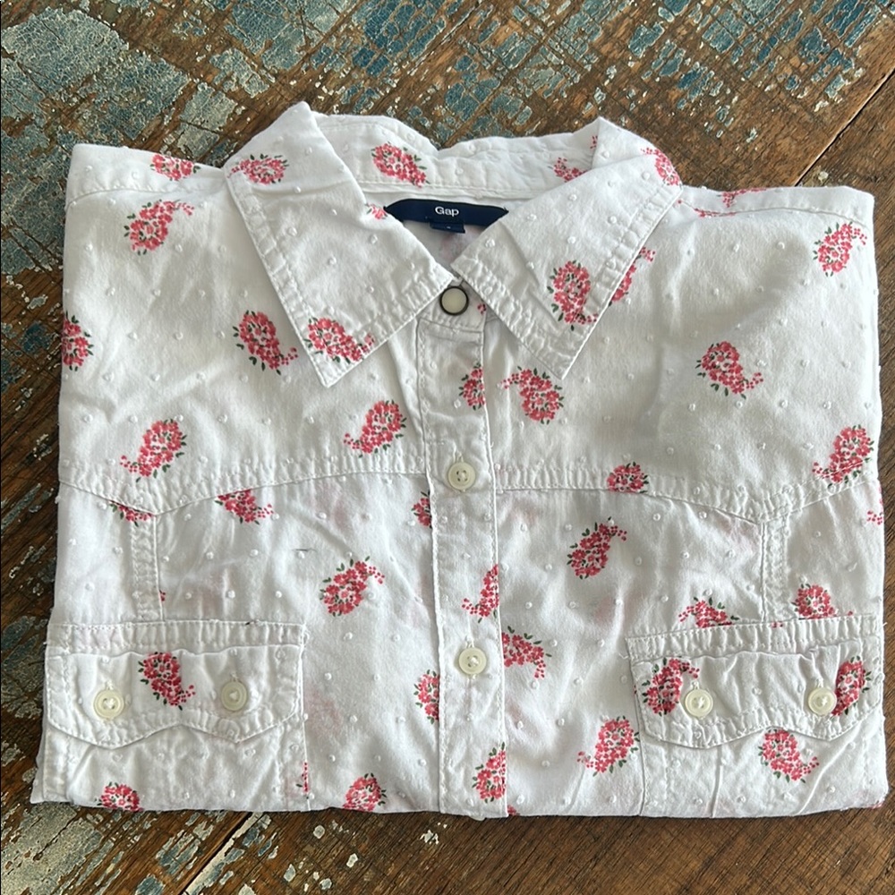Gap White Western Style Pink Floral Button-Up Shirt Size L
